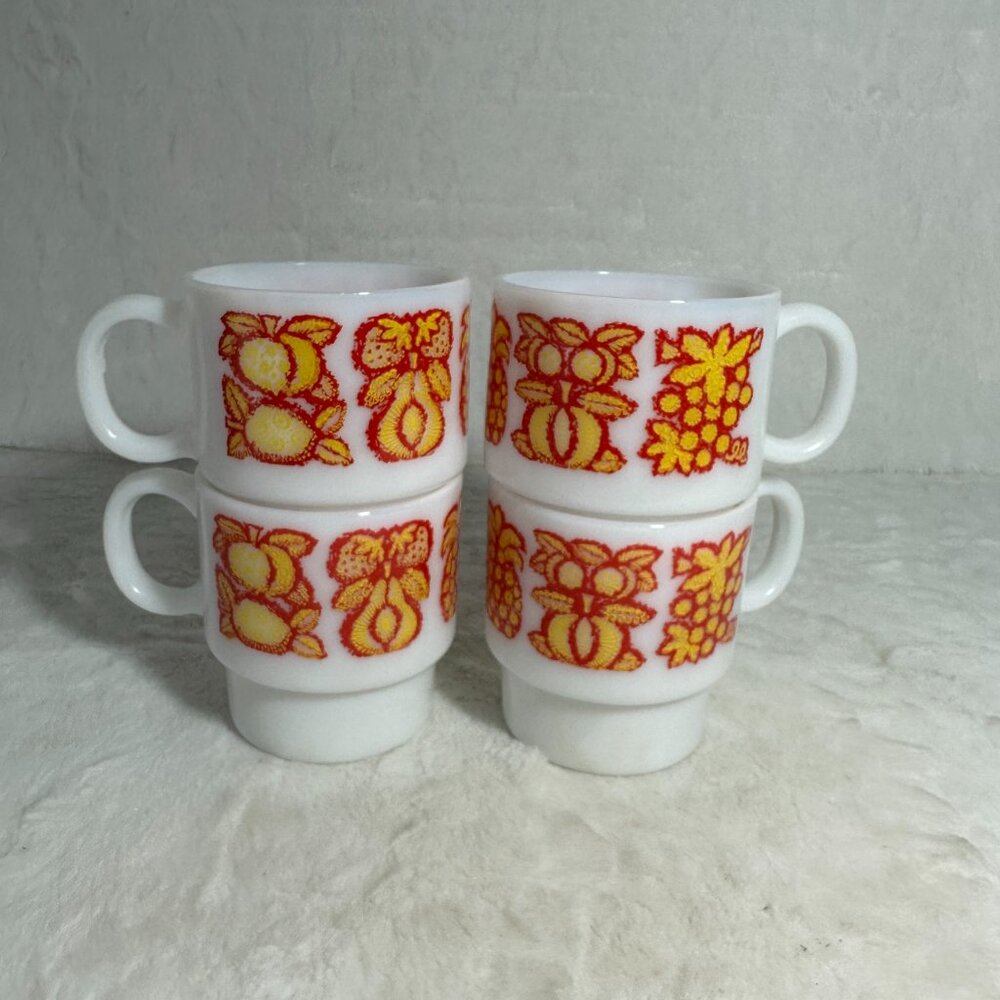 4 Vintage Yellow Red Stackable Coffee Mug Cups Hazelware Fruit W6809 Stackers